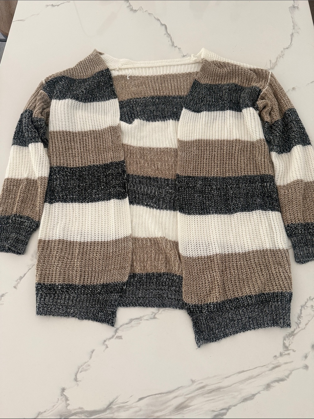 SHEIN Striped Open-Front Cardigan in White, Taupe & Charcoal